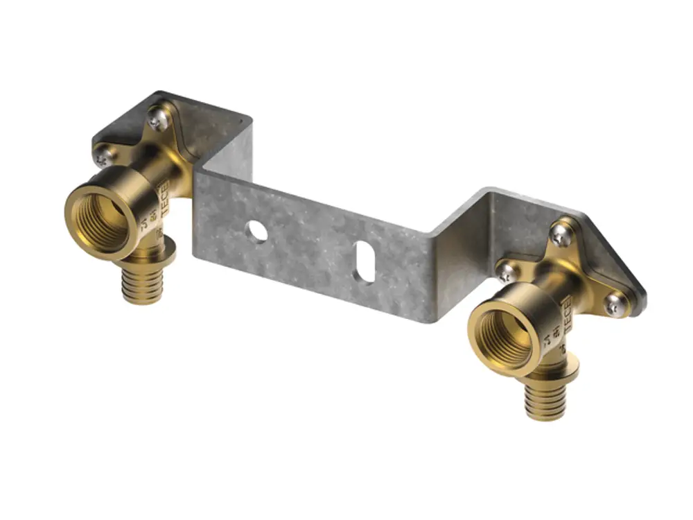 Montageeinheit mit zwei Wandscheiben aus Siliziumbronze und verzinktem Stahlhalter, geeignet für TECEflex-Systeme. Darstellung in technischer Perspektive.